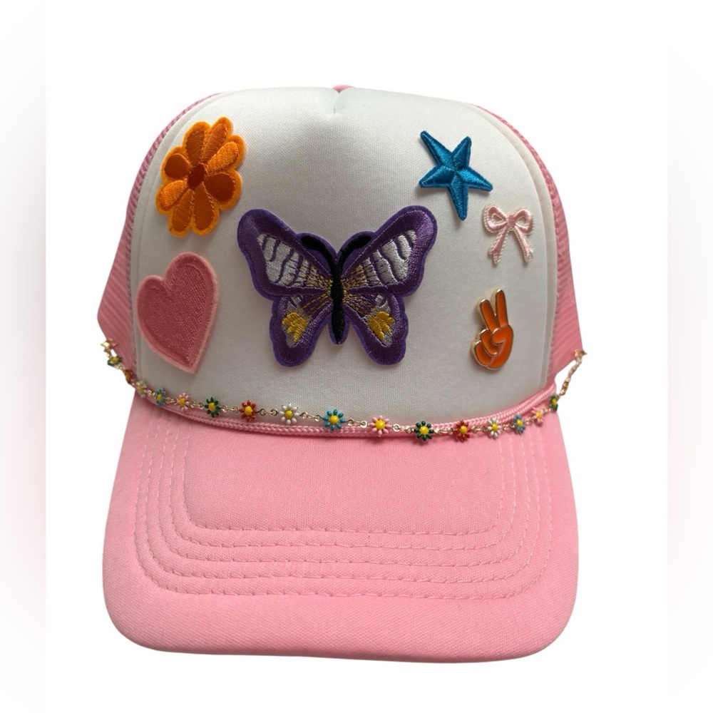 Pink and White Adult Trucker Hat with Butterfly and Flower Accents
